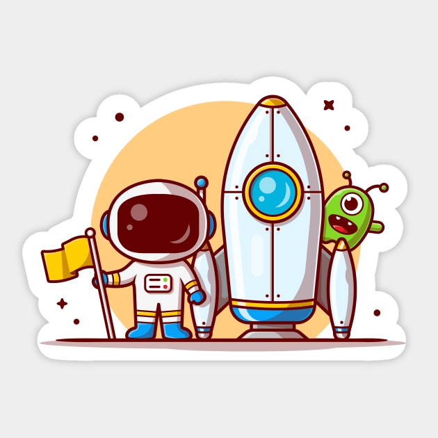 Cute Astronaut Standing Holding Flag with Rocket and Cute Alien Space Cartoon Vector Icon Illustration Sticker by Catalyst Labs